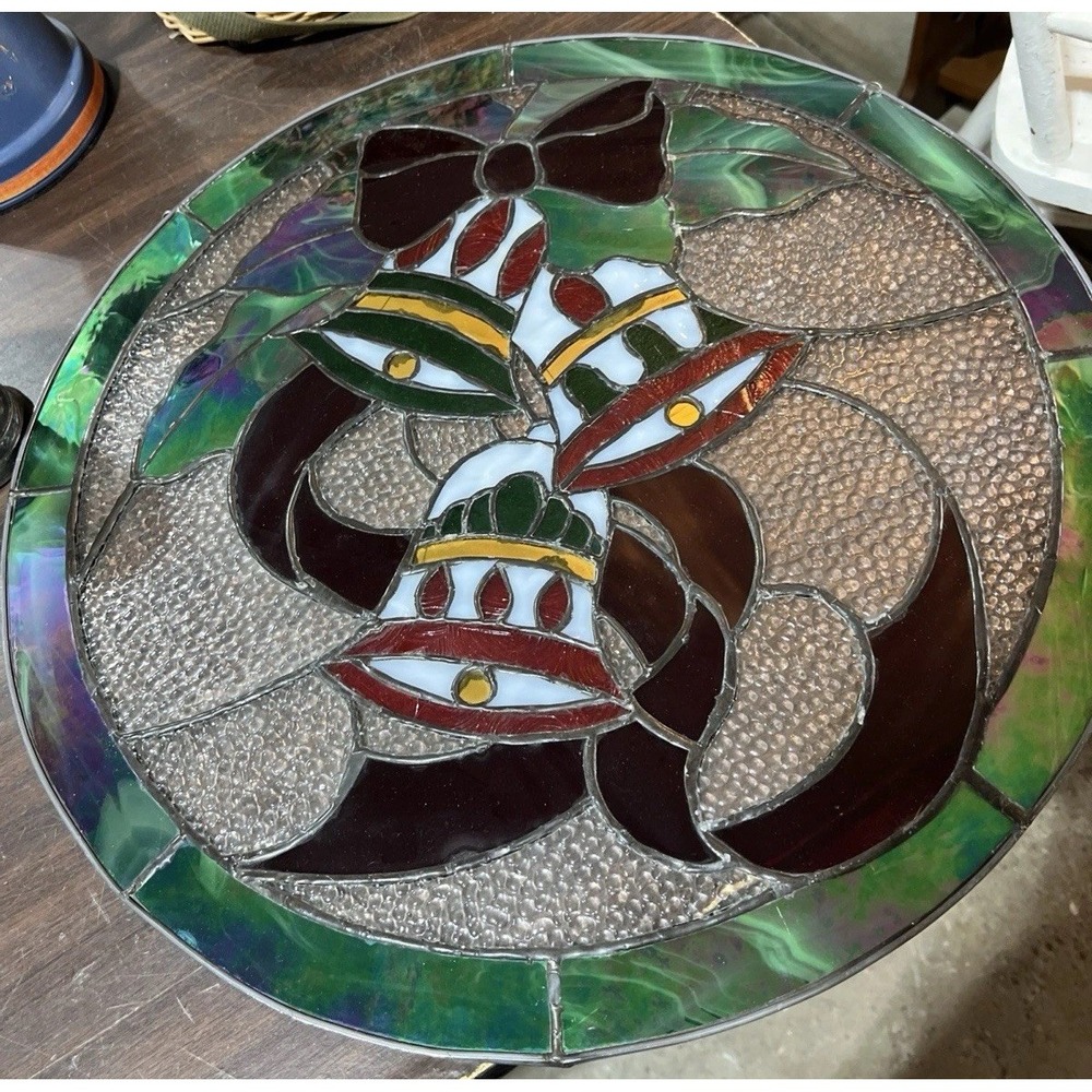 LARGE 20 Inch Round Stained Glass Christmas Bells Sun Catcher Leaded Handmade